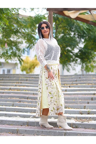 GallanD Desenli Astarlı Tarz Parçalı Bedensiz Tasarım Yeni Sezon Kadın Etek Kemerli Pratik Uzun Geniş Pilili