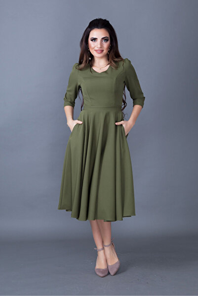 RURIS Kadın Haki Cep Detaylı V Yaka Kloş Midi Boy Abiye Mezuniyet Elbise