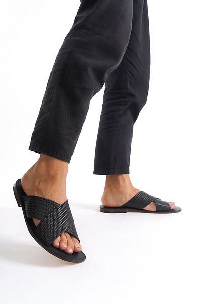DaphneSandals Black Genuine Leather Printed Men's Slippers - K1008