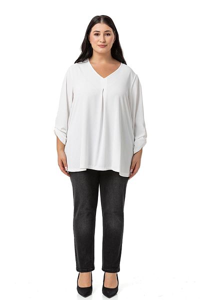DISENTIS MODEST V-Neck White Blouse - Plus Size, Pleated and Folded Sleeves