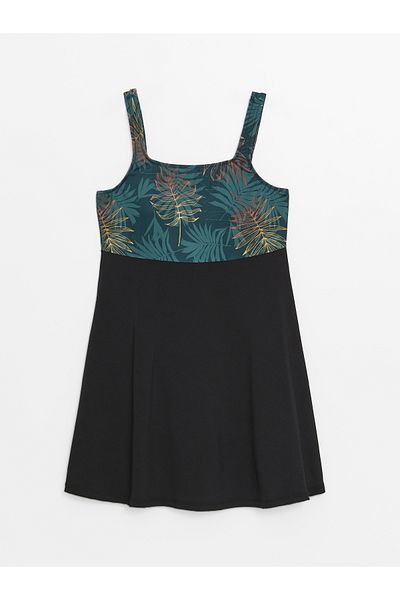 LC Waikiki Women's U-Neck Patterned Swimsuit - UV Protection and Skirt