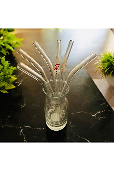 xarsber Set of 6 Transparent Glass Curved Straws - Gift with 1 Figure