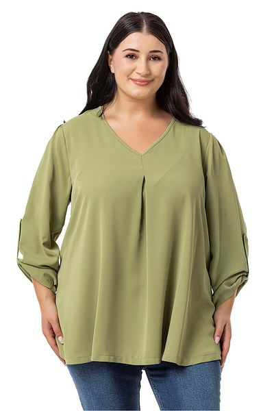 DISENTIS MODEST Green Green - V-Neck Plateau Oversize Blouse with Folded Sleeves
