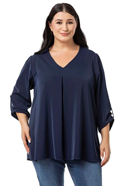 DISENTIS MODEST Bluză bleumarin cu decolteu în V, cu mâneci pliate și pliate