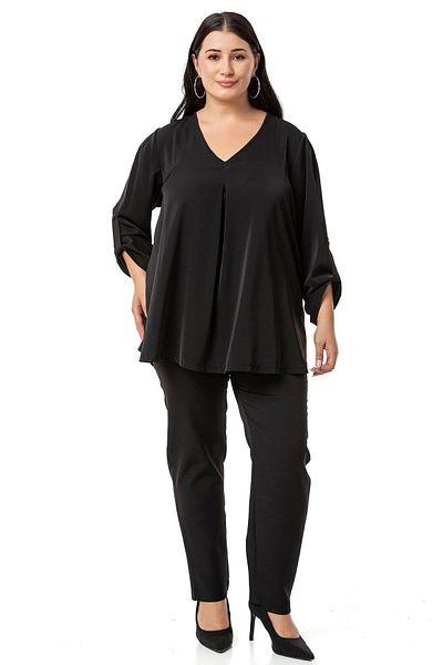 DISENTIS MODEST V-Neck Black Plus Size Blouse with Pleats - Folded Sleeves