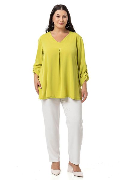 DISENTIS MODEST Pistachio Green V-Neck Pleated Plus Size Blouse - Folded Sleeves