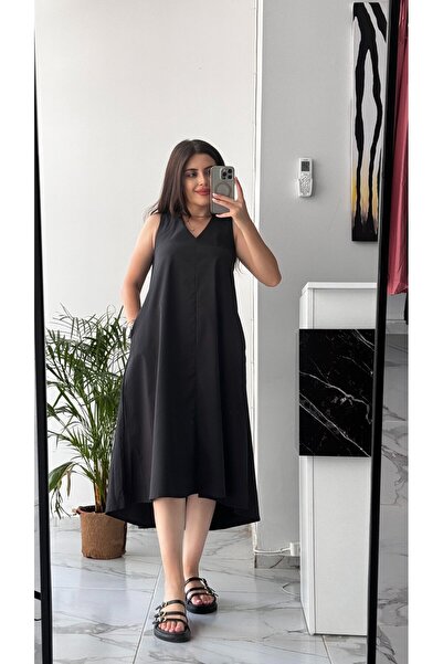 Butik SİYAH V YAKA UZUN  KADIN ELBİSE