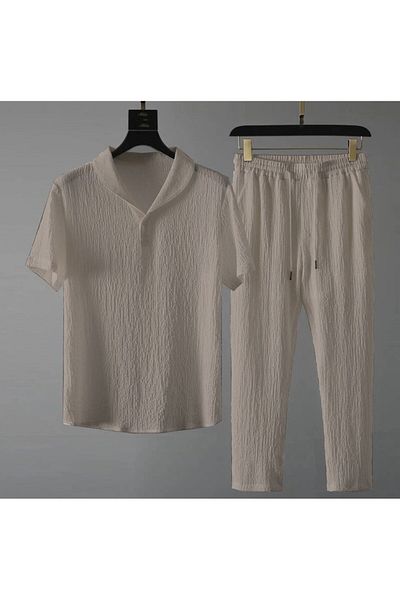 DWN WEAR Unisex Summer Lycra Crinkle Fabric - Short Sleeve T-Shirt and Sweatpants Set