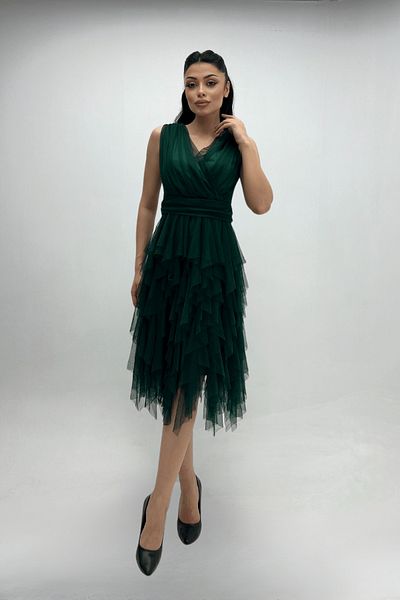 giyimmasalı Tulle Fabric Layered Evening Dress - SMART GREEN