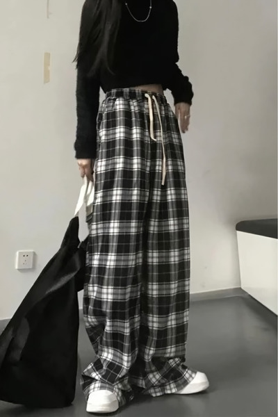 EFBUTİK Oversized καρό μαύρο παντελόνι Harujuku