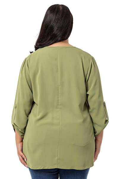 DISENTIS MODEST Πράσινο Πράσινο - Μπλούζα V-Neck Plateau Oversize με διπλωμένα μανίκια