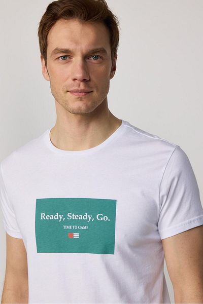 Tudors Ανδρικό T-shirt Slim Fit Slim Fit 100% βαμβακερό τυπωμένο λευκό μπλουζάκι με λαιμόκοψη