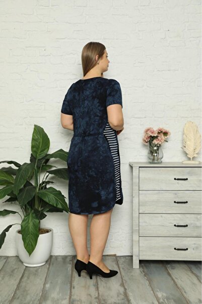 Şahteks Women Dress Flower Embroidered Large Size Navy Blue