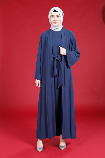 Beyza Abaya cu manșetă lată bleumarin - cu cravată, model 3249