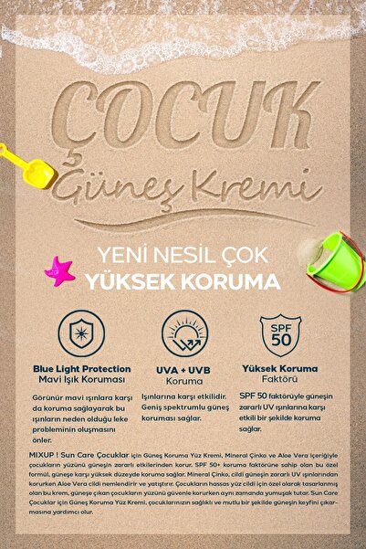 Mixup Doğal İçerikli Vegan Sertifikalı SPF 50+ Çoçuk Güneş Kremi Aloe Vera,Mineral,Çinko İçerikli 75 ML