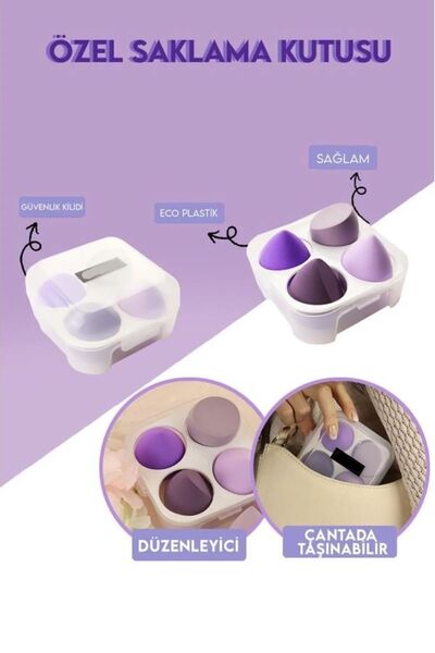 aks kozmetik 4'lü Standlı Makyaj Süngeri Seti Mor Renk