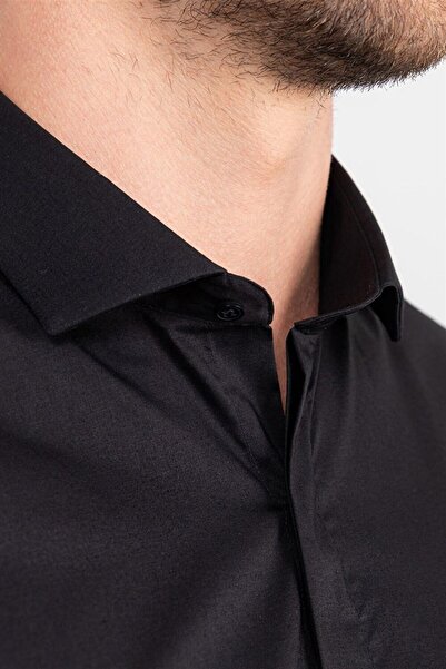 Tudors Süper Slim Fit Uzun Kollu Pamuklu Likralı Erkek Siyah Gömlek