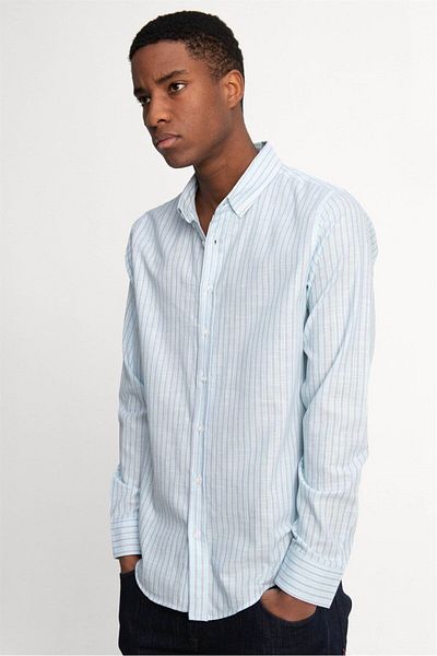 Tudors Πράσινο ριγέ ανδρικό πουκάμισο - Slim Fit, Slim Fit, Μακρύ μανίκι, 100% βαμβακερό λινό, γιακάς με κουμπιά