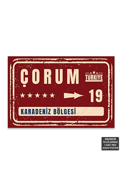 Hayal Poster PT1067 - Çorum Şehir Tabelası Retro Mdf Ahşap Poster (20x30cm)