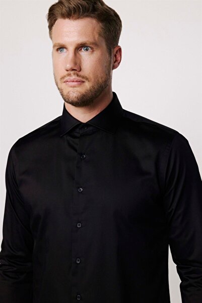 Tudors Slim Fit Uzun Kollu %100 Koton Satenpremium Erkek Siyah Gömlek