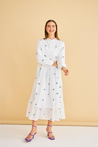 Basicpark Guipure Embroidered And Buttoned Embroidery Oversize Green Dress