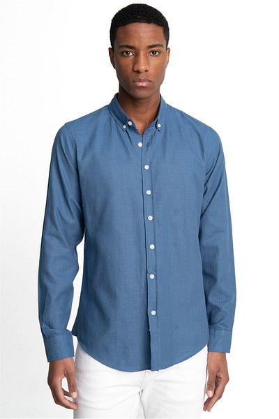Tudors Ανδρικό πουκάμισο Indigo - Slim Fit, μακρυμάνικο, 100% βαμβακερό λινό, γιακά με κουμπιά