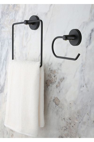 evina Bathroom Accessory Set Square Towel Holder Coverless Toilet Roll Holder - Black