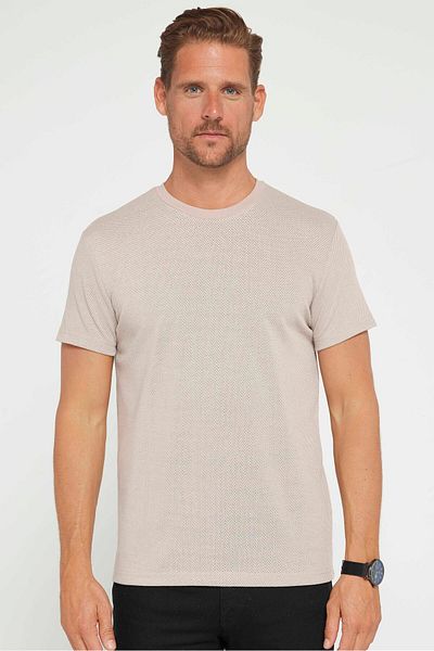 Tudors Tricou flexibil bej slim fit tricotat cu decolteu