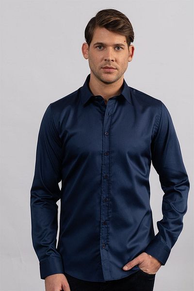 Tudors Slim Fit Μακρυμάνικο 100% Cotton Satin Premium Ανδρικό πουκάμισο μπλε Navy