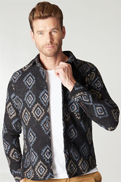 Tudors Slim Fit Uzun Kollu Tek Cep Kışlık Etnik Desen Spor Erkek Lacivert Gömlek