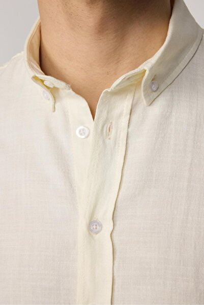 Tudors Men's Slim Fit Ecru Shirt - Long Sleeve, 100% Cotton, Linen Texture, Buttoned Collar