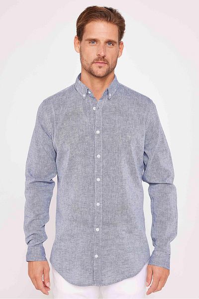 Tudors Navy Blue Linen σειρά Premium - Slim Fit Slim Fit Αθλητικό πουκάμισο, μακρυμάνικο και γιακά με κουμπί
