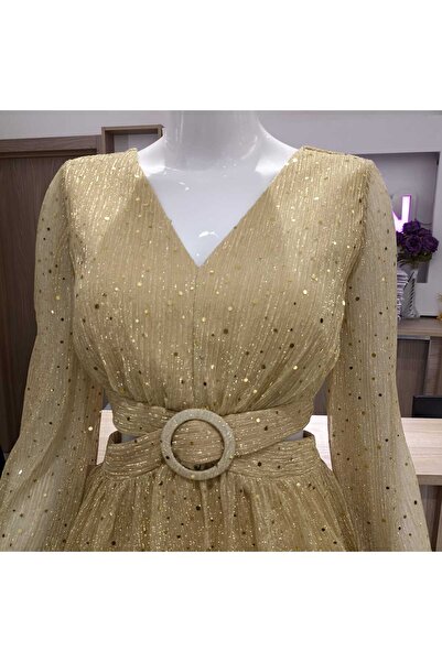 ORJEEN KADIN V YAKA AÇIK BEL DETAYLI UZUN TÜL KOLLU ETEĞİ KAT KAT DETAYLI SİM...