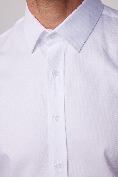 Tudors Modern Fit Uzun Kollu %100 Pamuk Armürlü Premium Erkek Beyaz Gömlek