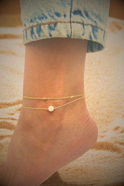 PlnDesign Gold Color Double Rows with Round Mother of Pearl Figure - Anklet and Summer Fashion Beach Jewelry, Daily Chic