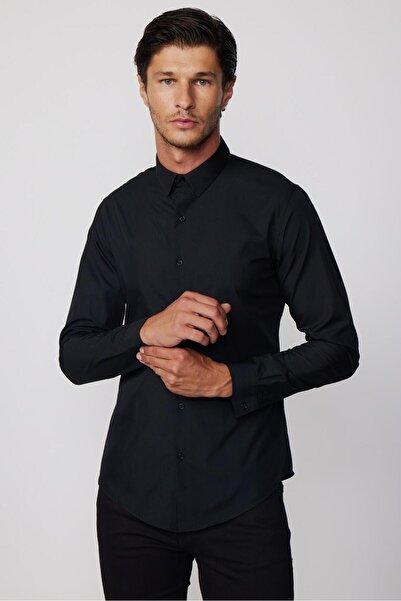 Tudors Slim Fit Uzun Kollu Pamuklu Kolay Ütü Erkek Siyah Gömlek