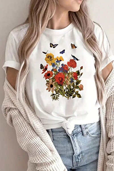 over head oh Tricou damă oversize cu imprimeu flori alb fluture