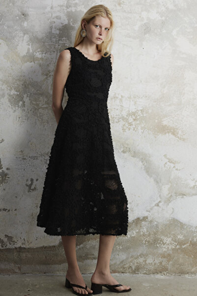 By Mare Style Strappy Midi Length Feather Fabric Black Dress