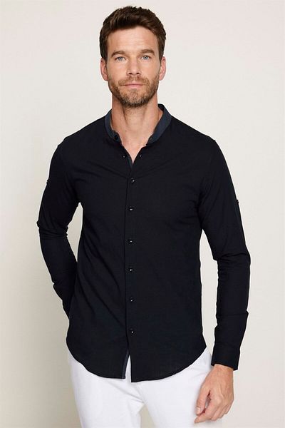 Tudors Μαύρο Slim Fit Ανδρικό πουκάμισο - Μακρύ μανίκι, 100% βαμβάκι, λινό υφή, γιακά που κυριαρχεί, επωμίδα