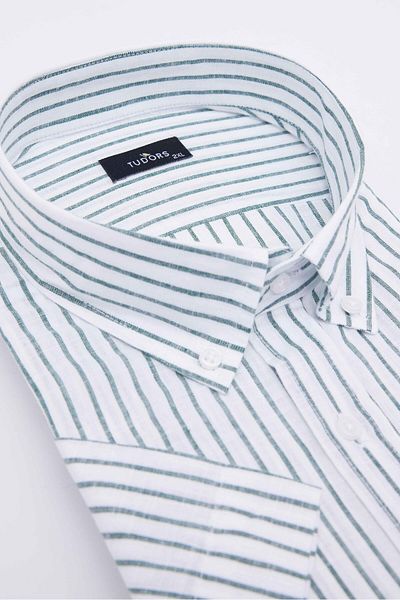 Tudors Men's Big Size Plus Size Short Sleeve Striped Buttoned Collar Single Pocket Linen Texture Summer White Shirt