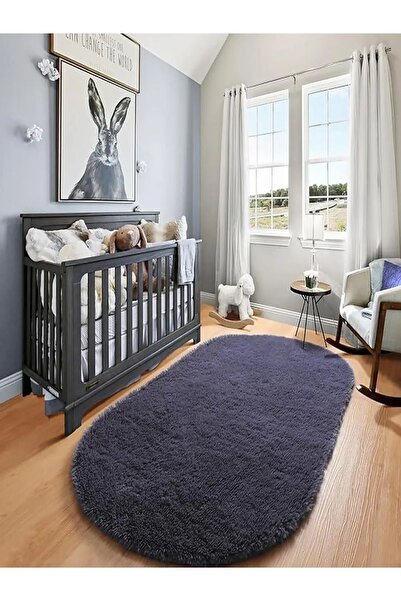 ALgorand Home Post Peluş Oval Halı Antrasit Tüylü Yumuşak, Yıkanabilir, Kayma...