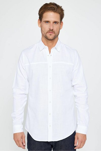 Tudors Λευκό Slim Fit Ανδρικό πουκάμισο - 100% βαμβάκι, μακρυμάνικο, λινό υφή