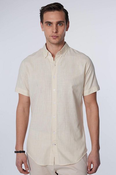 Tudors Men's Slim Fit Short Sleeve Cream Color Shirt - 100% Cotton Linen, Buttoned Collar