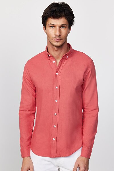 Tudors Slim Fit férfi karcsúsított hosszú ujjú 100% pamut vászon textúra gombos gallér poros rózsa színű ing