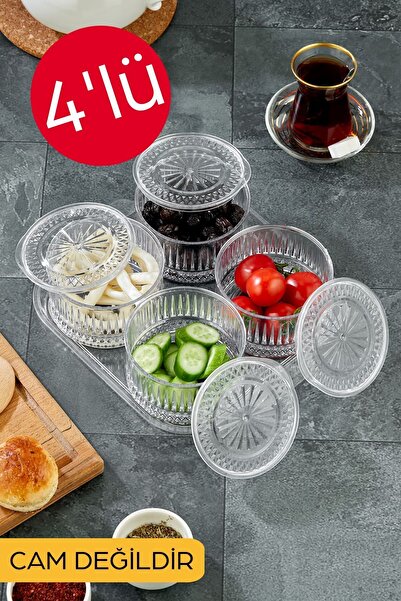 BOSSİO 4'lü Kristal Yuvarlak Kapaklı Kahvaltılık Set -Cam Değildir-