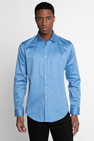 Tudors Cămașă albastră pentru bărbați, slim fit, cu mânecă lungă din satin de bumbac, seria premium