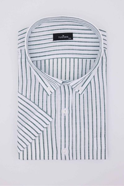 Tudors Men's Big Size Plus Size Short Sleeve Striped Buttoned Collar Single Pocket Linen Texture Summer White Shirt