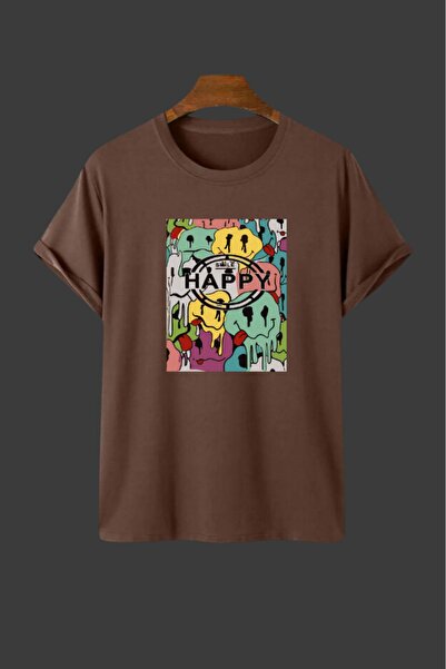 oneagılyazı تي شيرت مطبوع عليه Happy للجنسين مقاس كبير