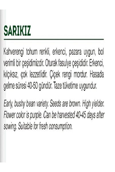 AGRODAL TARIM Ata Tohumu Yerli Oturak 40 Günlük Taze Yeşil Fasulye Sarıkız 50 Adet Doğal Tohum