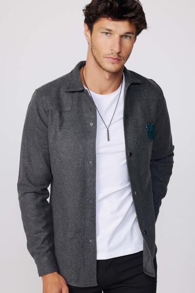 Tudors Cămașă gri pentru bărbați, cu mâneci lungi, cu mâneci lungi, iarnă, Woody, cu capse sprâncene și ancora